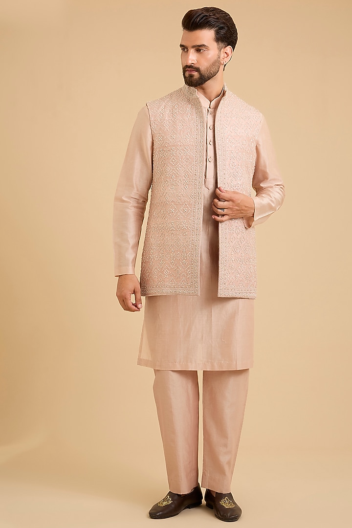 Dusky Pink Raw Silk Bundi Jacket Set by Ridhi Mehra Men at Pernia's Pop Up Shop