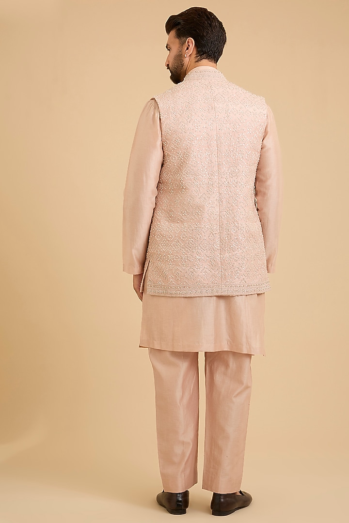 Dusky Pink Raw Silk Bundi Jacket Set by Ridhi Mehra Men at Pernia's Pop Up Shop