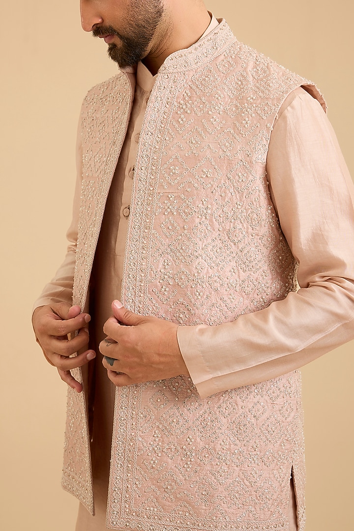 Dusky Pink Raw Silk Bundi Jacket Set by Ridhi Mehra Men at Pernia's Pop Up Shop