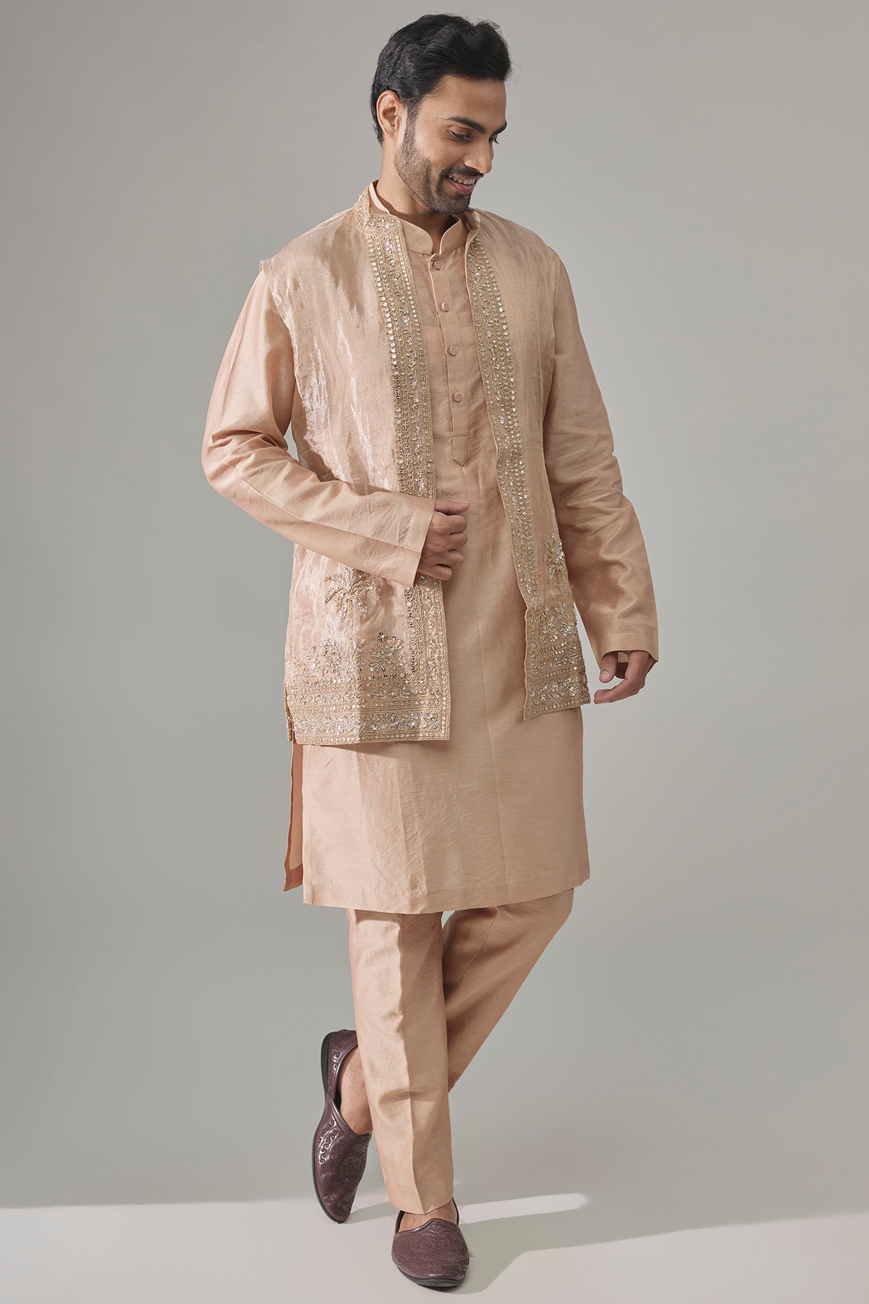 Ridhi Mehra Gunmetal Gold Chanderi Bundi Jacket Set