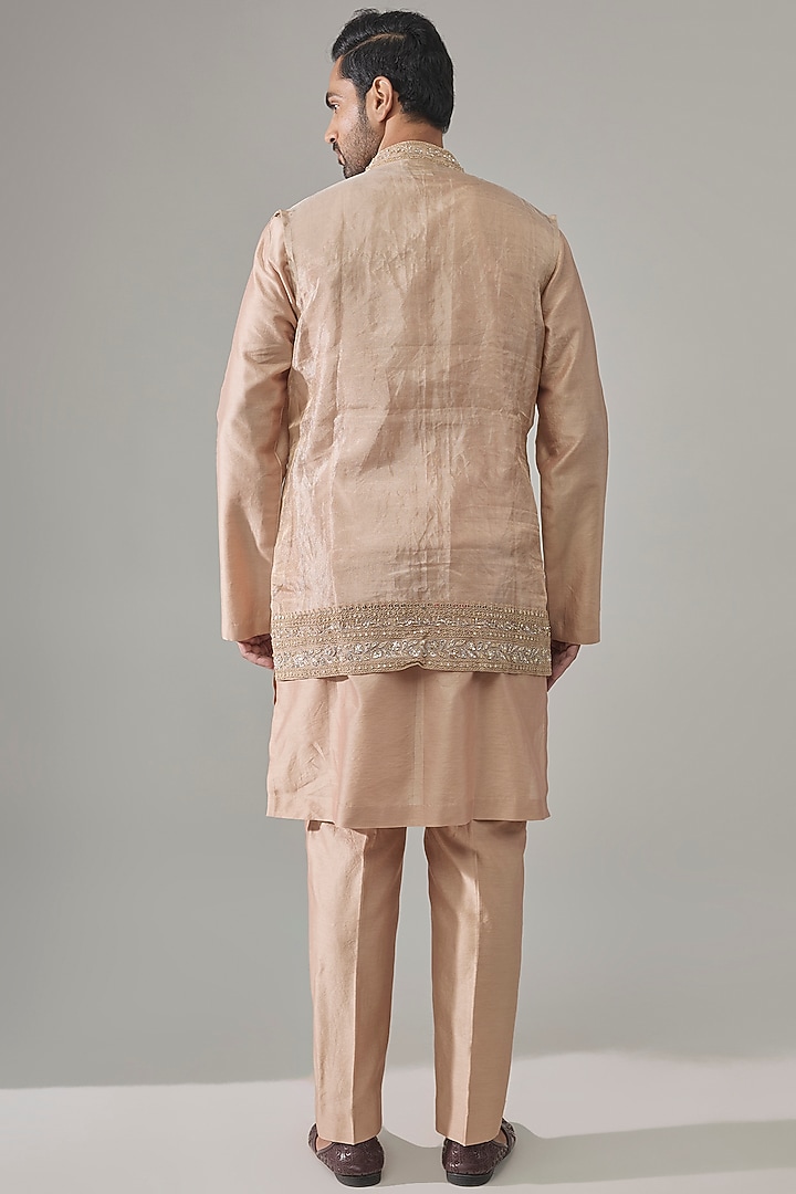 Gunmetal Gold Chanderi Bundi Jacket Set by Ridhi Mehra Men at Pernia's Pop Up Shop