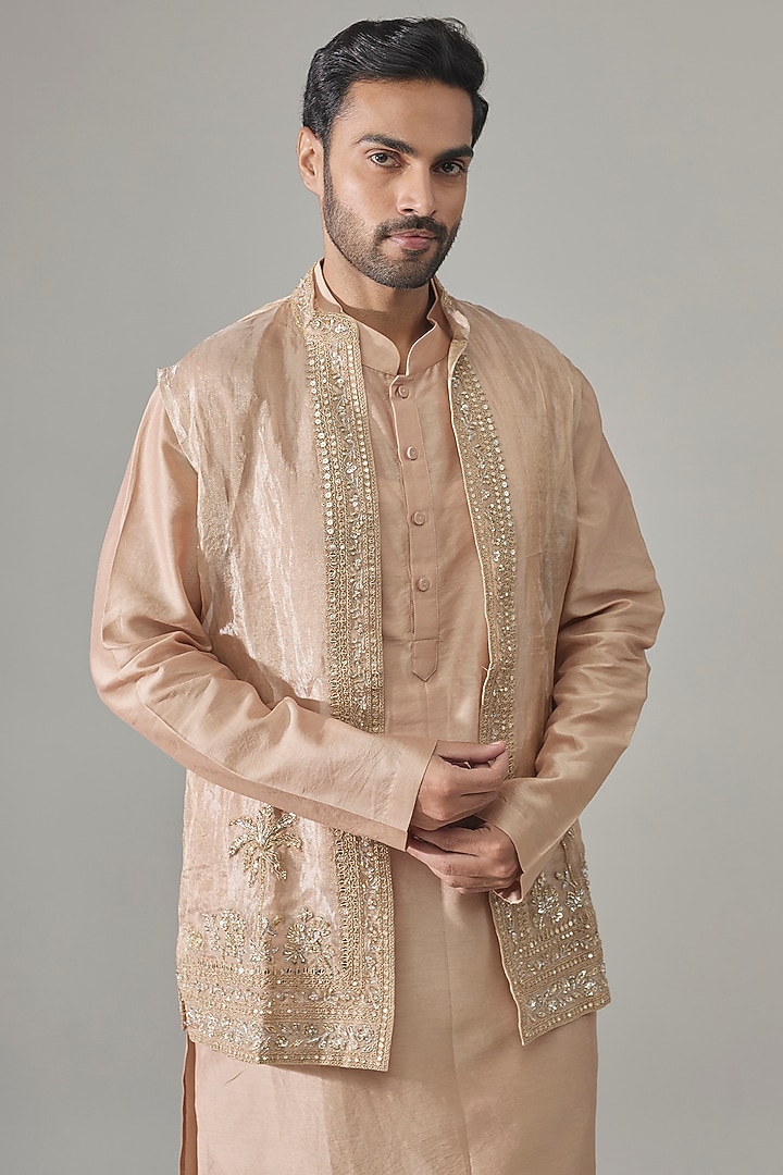 Gunmetal Gold Chanderi Bundi Jacket Set by Ridhi Mehra Men at Pernia's Pop Up Shop