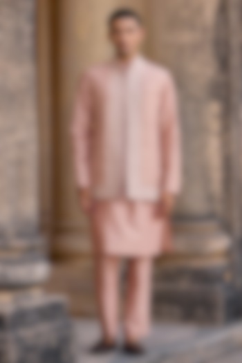 Dusky Pink Raw Silk Embroidered Bundi Jacket Set by Ridhi Mehra Men at Pernia's Pop Up Shop
