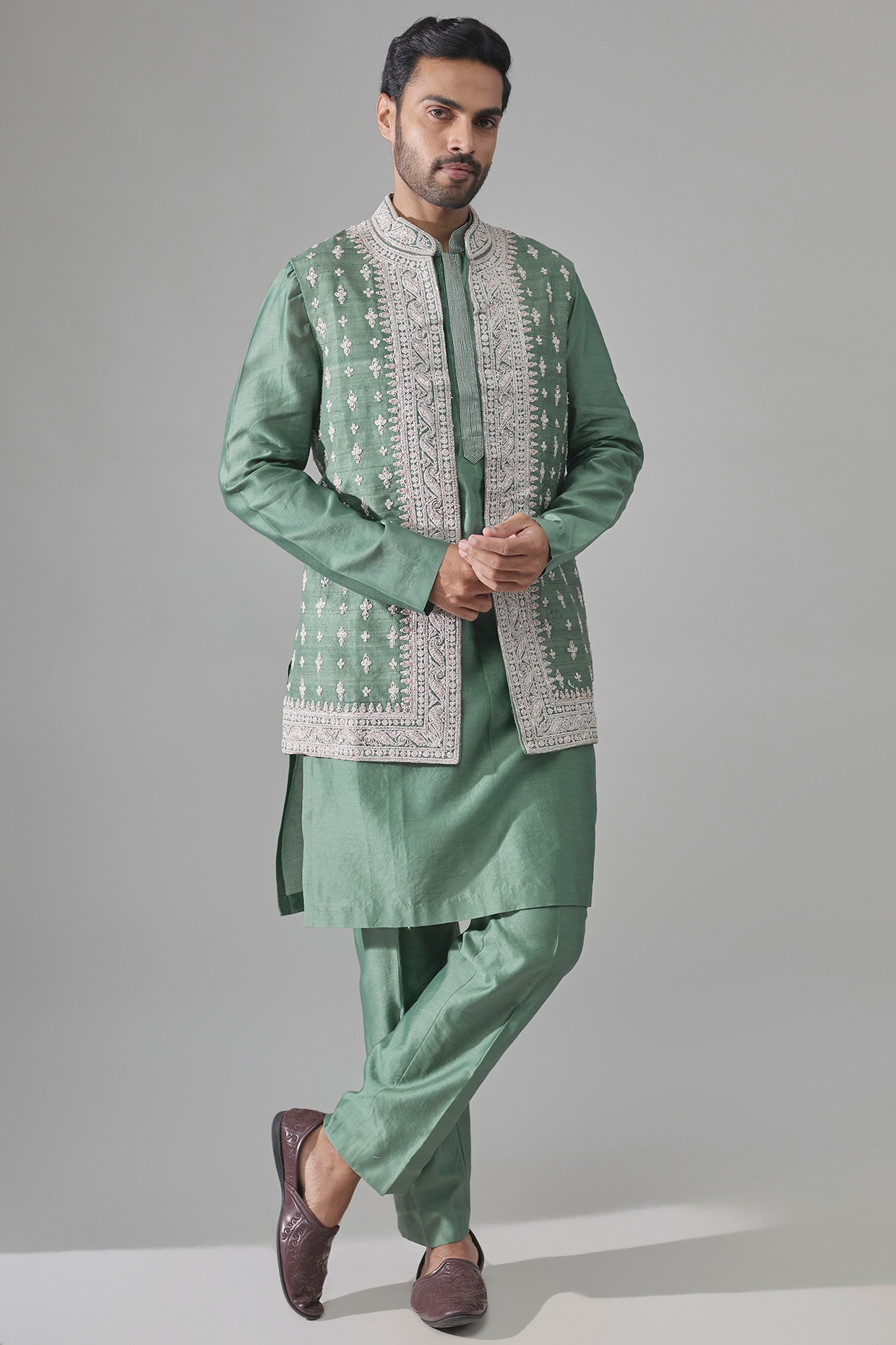 Ridhi Mehra Powder Blue Chanderi Bundi Jacket Set