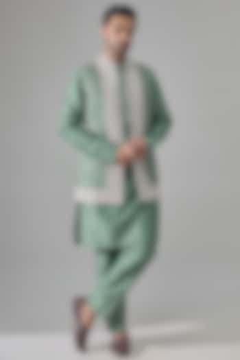 Powder Blue Chanderi Bundi Jacket Set by Ridhi Mehra Men at Pernia's Pop Up Shop