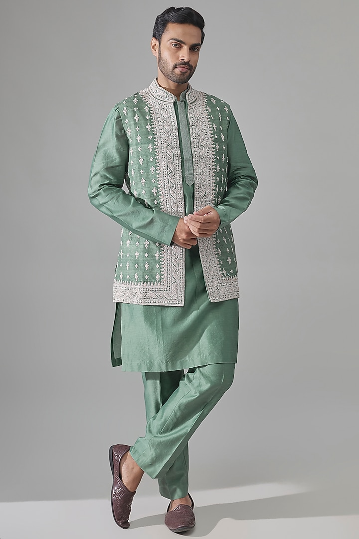 Powder Blue Chanderi Bundi Jacket Set by Ridhi Mehra Men at Pernia's Pop Up Shop