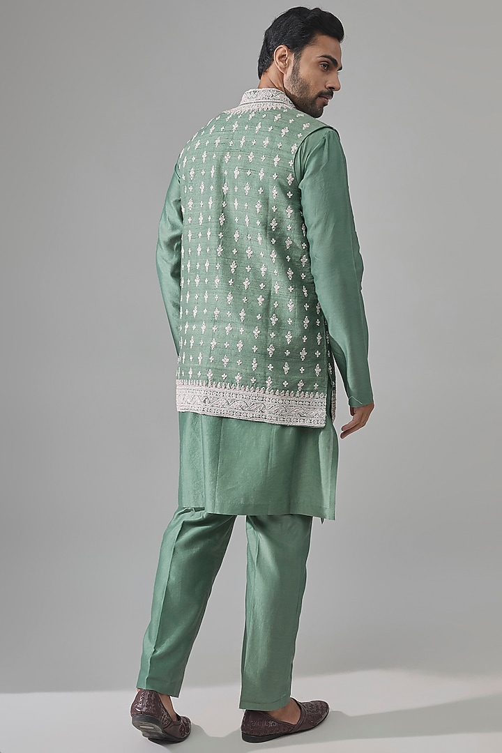 Powder Blue Chanderi Bundi Jacket Set by Ridhi Mehra Men at Pernia's Pop Up Shop