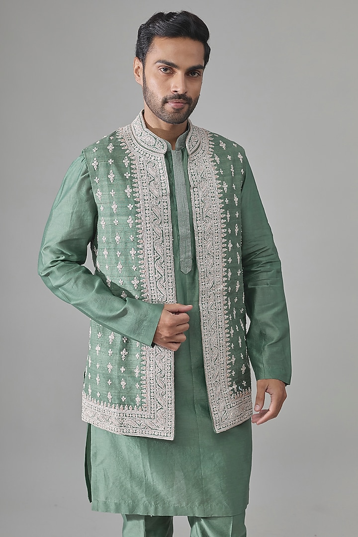 Powder Blue Chanderi Bundi Jacket Set by Ridhi Mehra Men at Pernia's Pop Up Shop