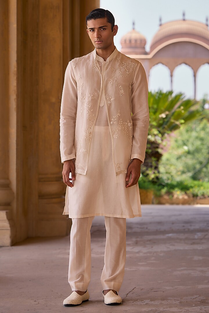 Ivory Organza Embroidered Bundi Jacket Set by Ridhi Mehra Men at Pernia's Pop Up Shop