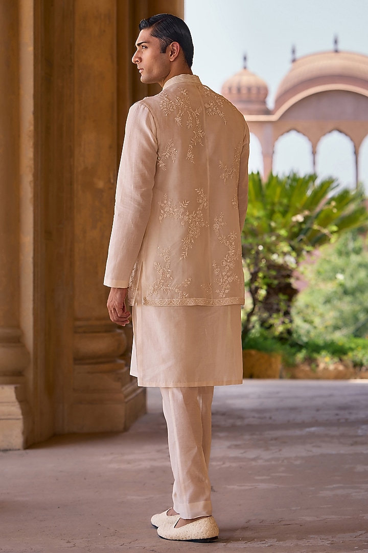 Ivory Organza Embroidered Bundi Jacket Set by Ridhi Mehra Men at Pernia's Pop Up Shop