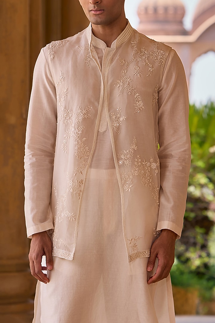 Ivory Organza Embroidered Bundi Jacket Set by Ridhi Mehra Men at Pernia's Pop Up Shop