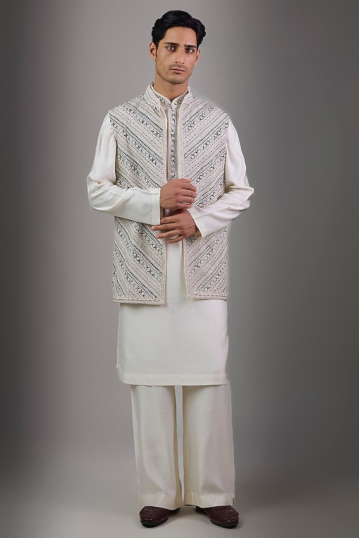 Ivory Chanderi Bundi Jacket Set by Ridhi Mehra Men at Pernia's Pop Up Shop