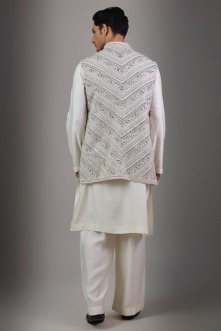 Ivory Chanderi Bundi Jacket Set by Ridhi Mehra Men at Pernia's Pop Up Shop