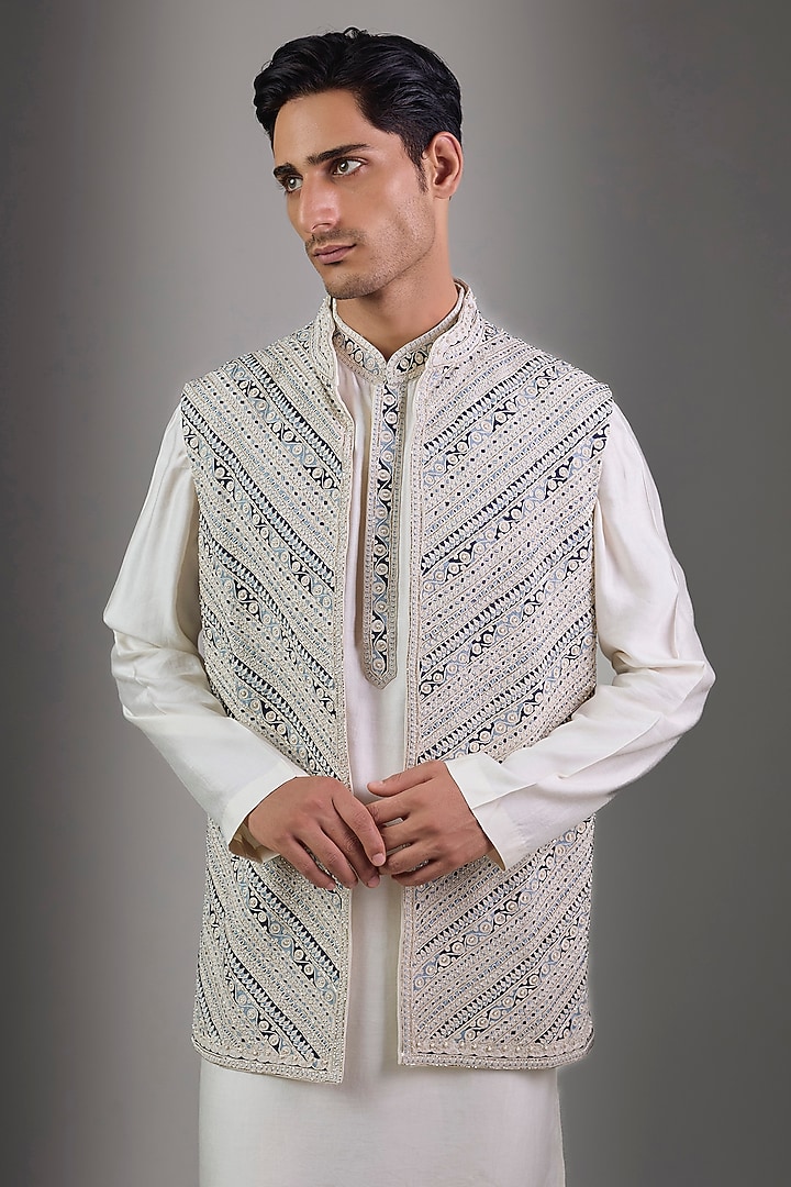 Ivory Chanderi Bundi Jacket Set by Ridhi Mehra Men at Pernia's Pop Up Shop