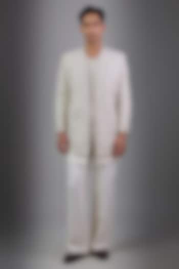 Ivory Raw Silk Bundi Jacket Set by Ridhi Mehra Men at Pernia's Pop Up Shop
