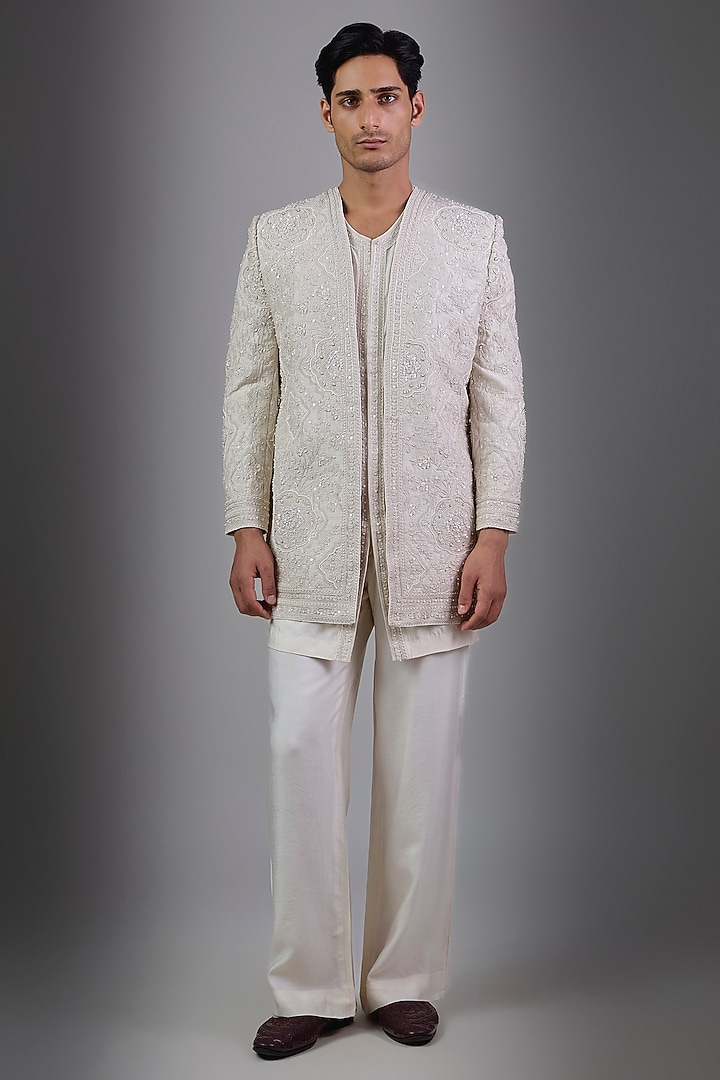 Ivory Raw Silk Bundi Jacket Set by Ridhi Mehra Men at Pernia's Pop Up Shop