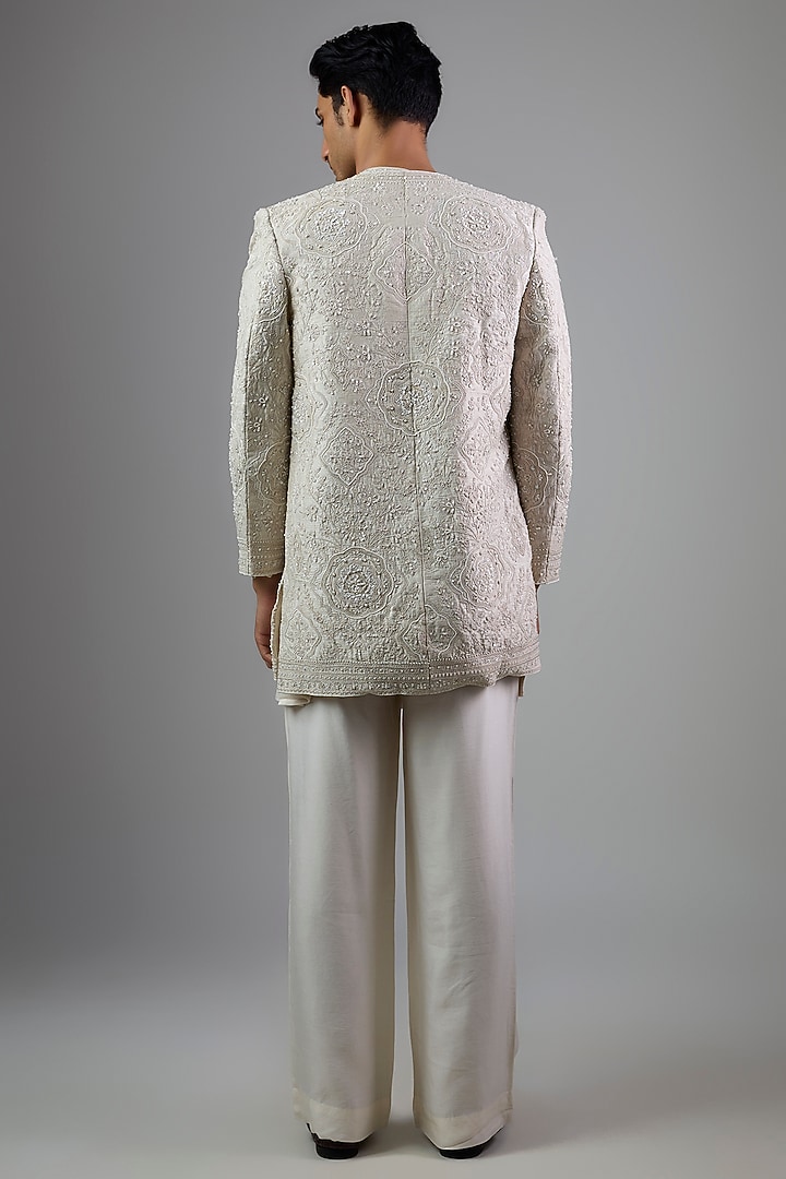 Ivory Raw Silk Bundi Jacket Set by Ridhi Mehra Men at Pernia's Pop Up Shop