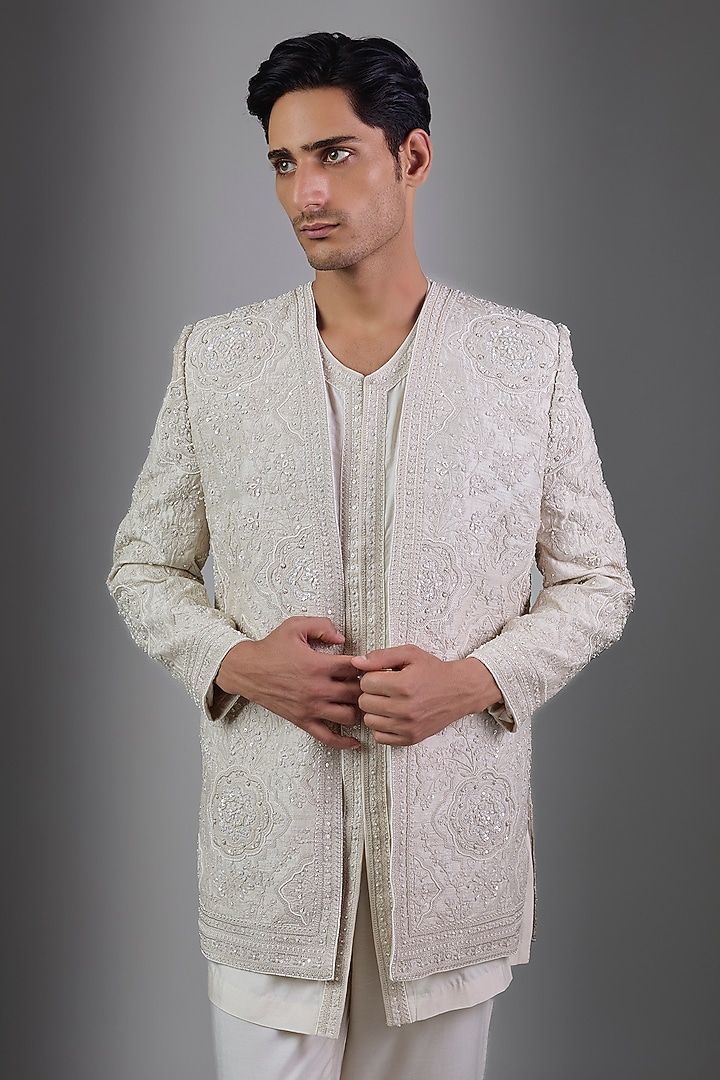 Ivory Raw Silk Bundi Jacket Set by Ridhi Mehra Men at Pernia's Pop Up Shop