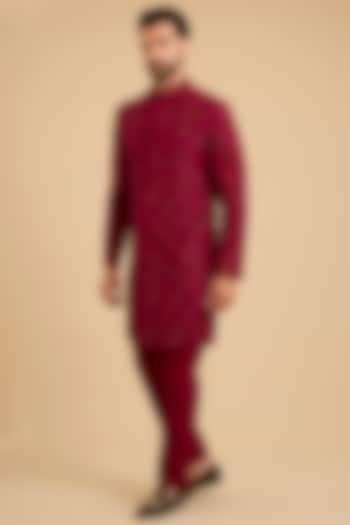 Red Raw Silk Groom Sherwani Set by Ridhi Mehra Men at Pernia's Pop Up Shop