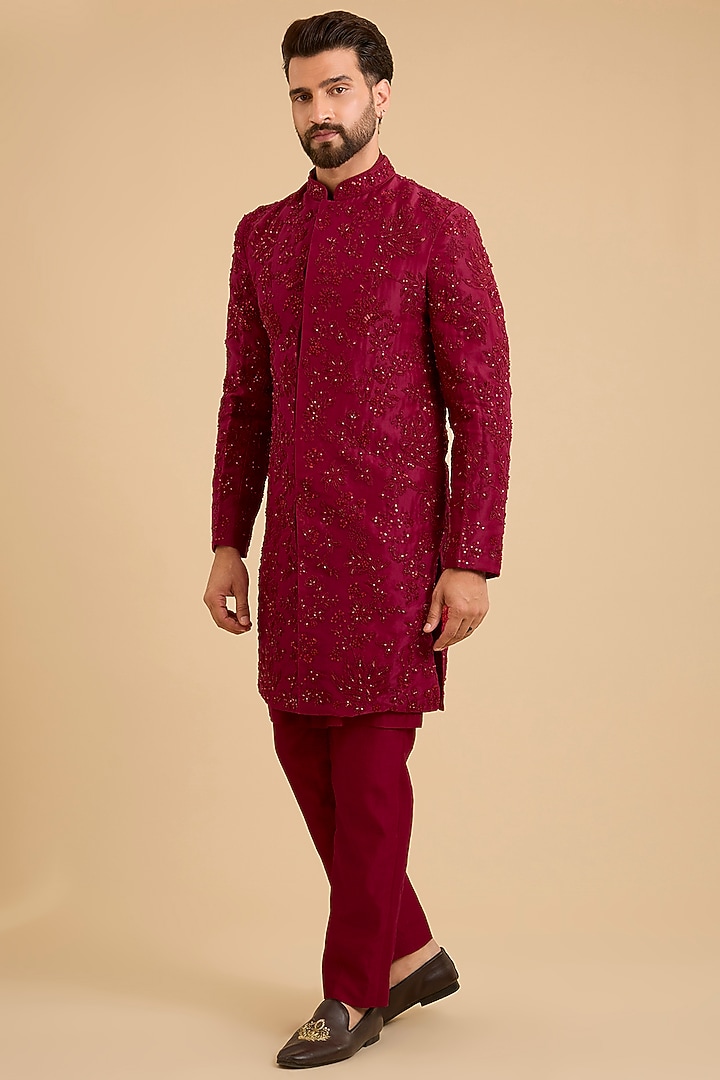 Red Raw Silk Groom Sherwani Set by Ridhi Mehra Men at Pernia's Pop Up Shop