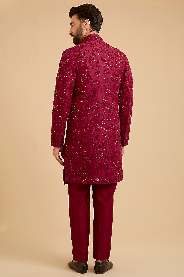 Red Raw Silk Groom Sherwani Set by Ridhi Mehra Men at Pernia's Pop Up Shop