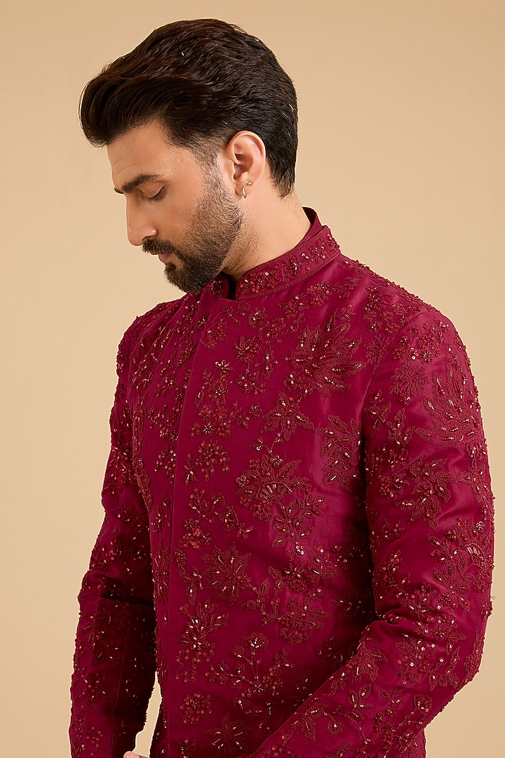 Red Raw Silk Groom Sherwani Set by Ridhi Mehra Men at Pernia's Pop Up Shop