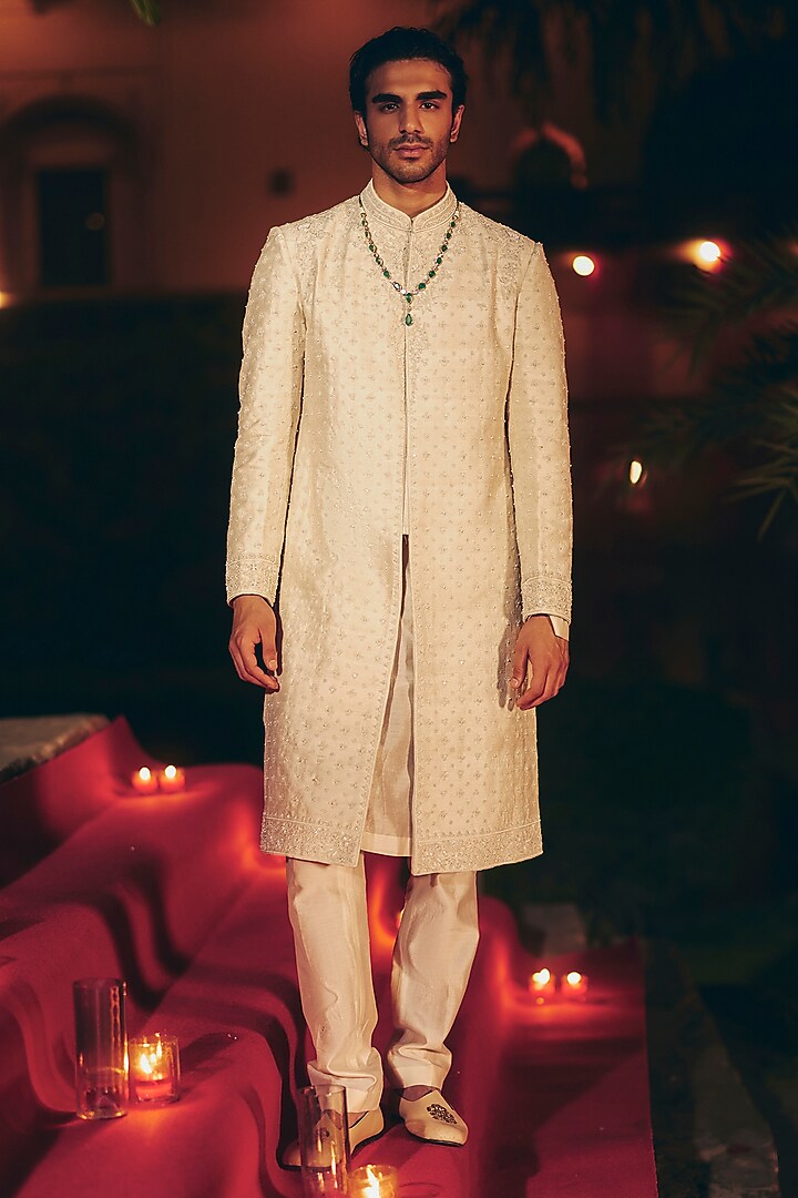 Light Beige Raw Silk Embroidered Groom Sherwani Set by Ridhi Mehra Men at Pernia's Pop Up Shop