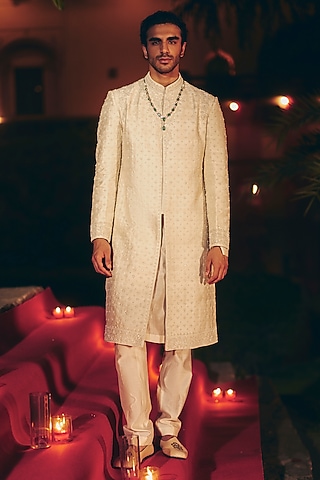 Light Beige Raw Silk Embroidered Sherwani Set by Ridhi Mehra Men