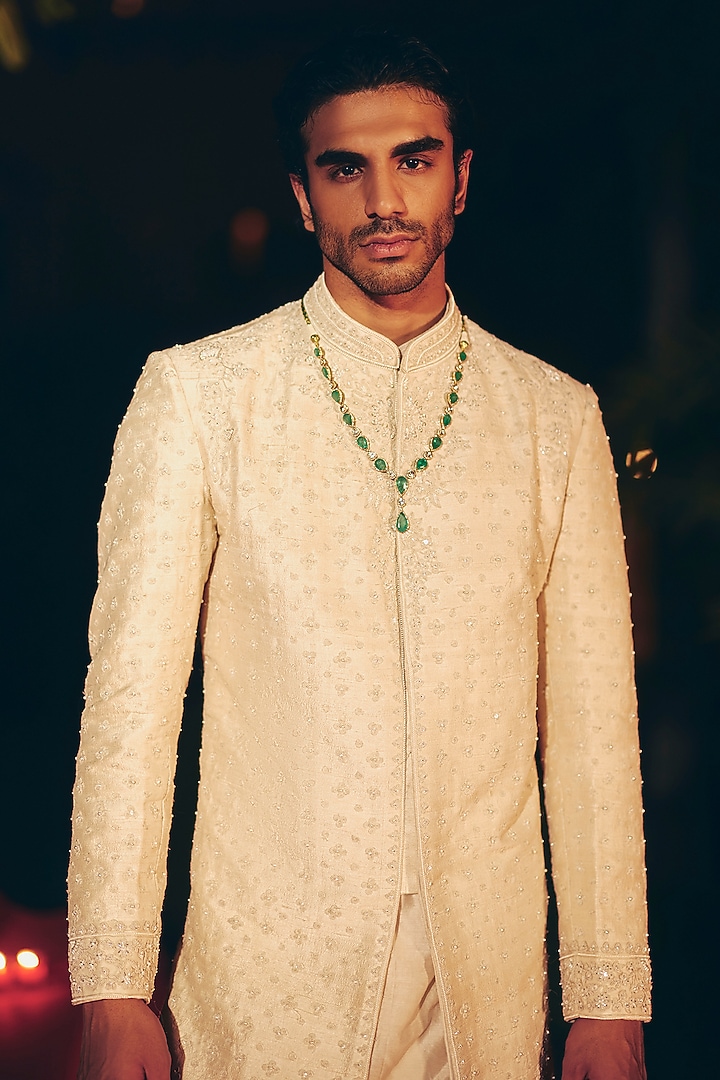 Light Beige Raw Silk Embroidered Groom Sherwani Set by Ridhi Mehra Men at Pernia's Pop Up Shop