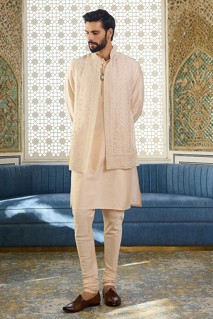 Salt Ivory Organza Embroidered Bundi Jacket Set by Ridhi Mehra Men at Pernia's Pop Up Shop