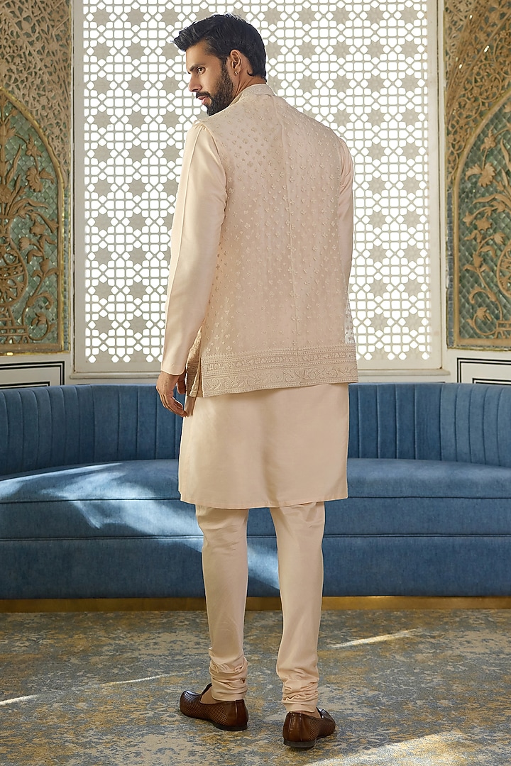 Salt Ivory Organza Embroidered Bundi Jacket Set by Ridhi Mehra Men at Pernia's Pop Up Shop