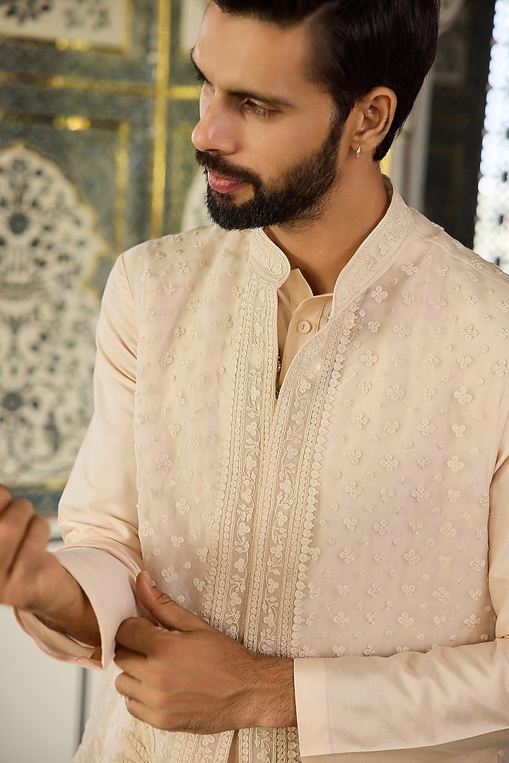 Salt Ivory Organza Embroidered Bundi Jacket Set by Ridhi Mehra Men at Pernia's Pop Up Shop