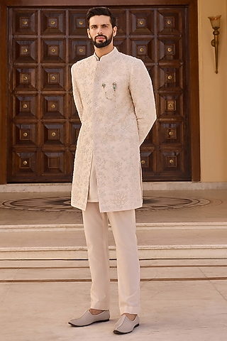 Salt Ivory Raw Silk Embroidered Sherwani Set by Ridhi Mehra Men