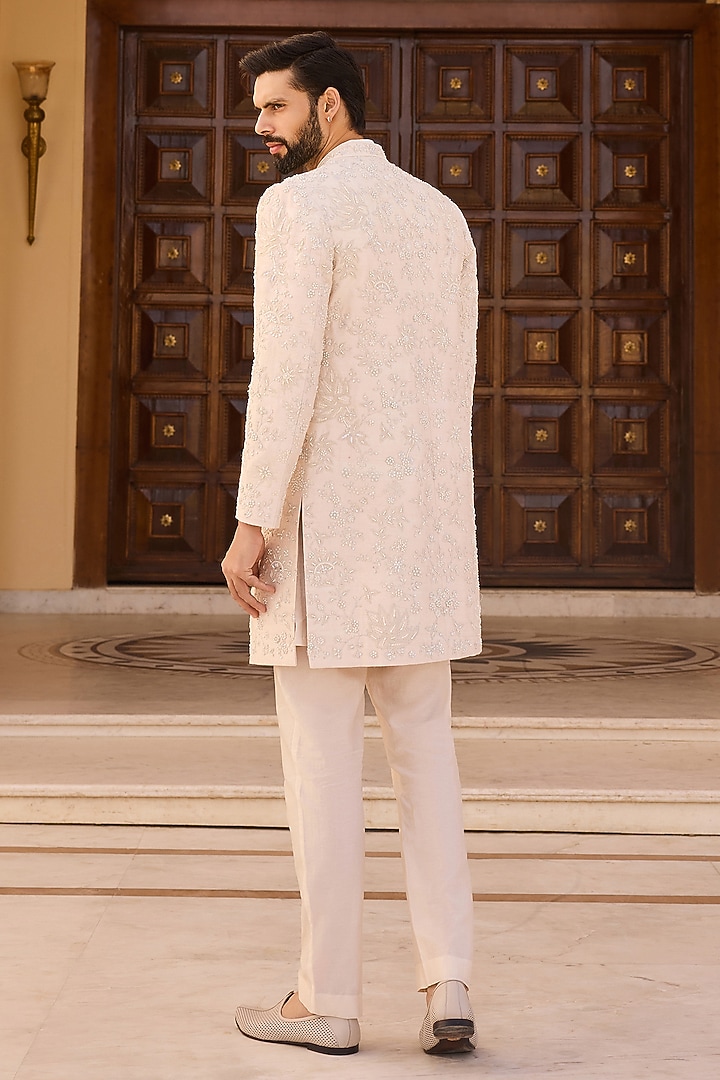 Salt Ivory Raw Silk Embroidered Groom Sherwani Set by Ridhi Mehra Men at Pernia's Pop Up Shop