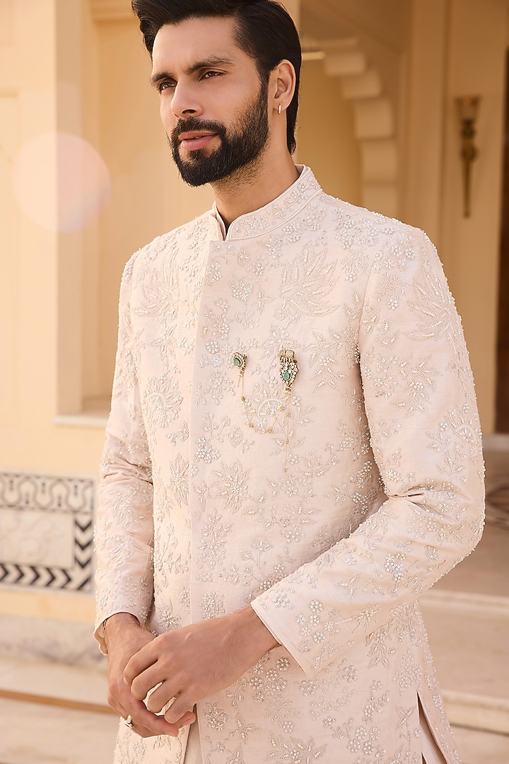 Salt Ivory Raw Silk Embroidered Groom Sherwani Set by Ridhi Mehra Men at Pernia's Pop Up Shop