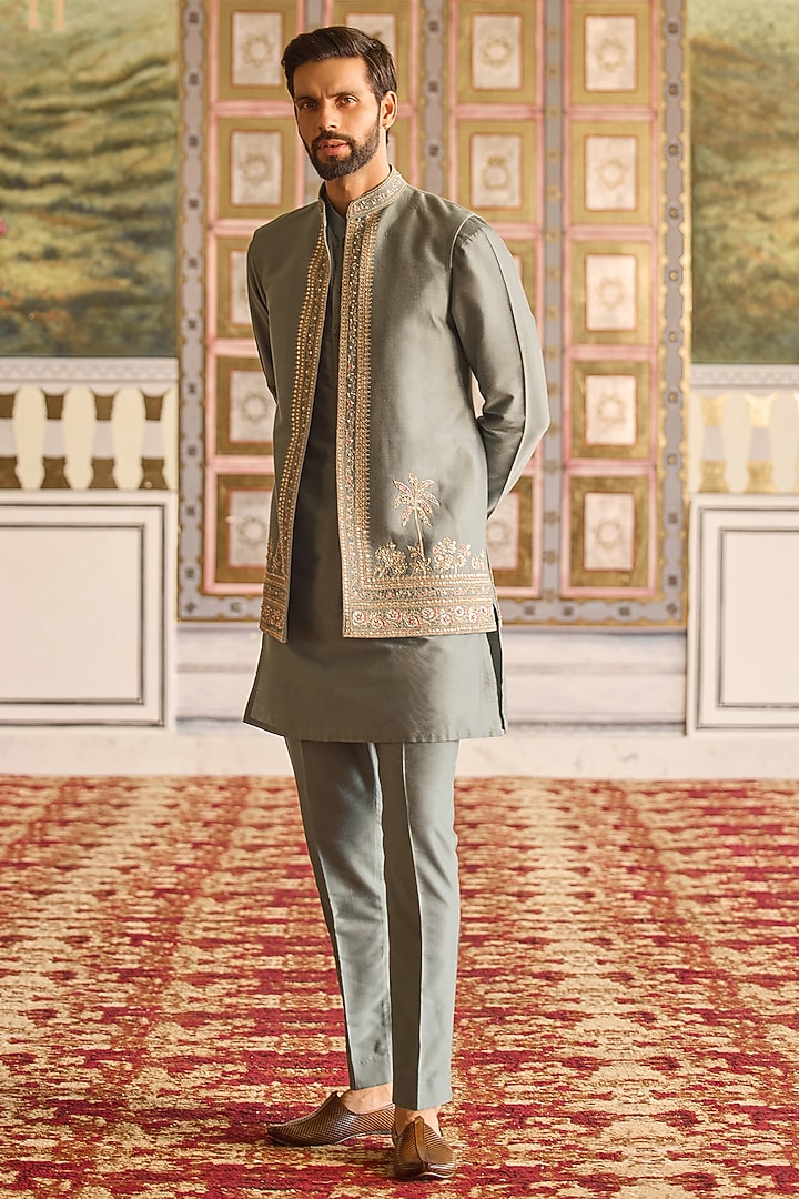 Sage Green Tussar Silk Embroidered Bundi Jacket Set by Ridhi Mehra Men at Pernia's Pop Up Shop
