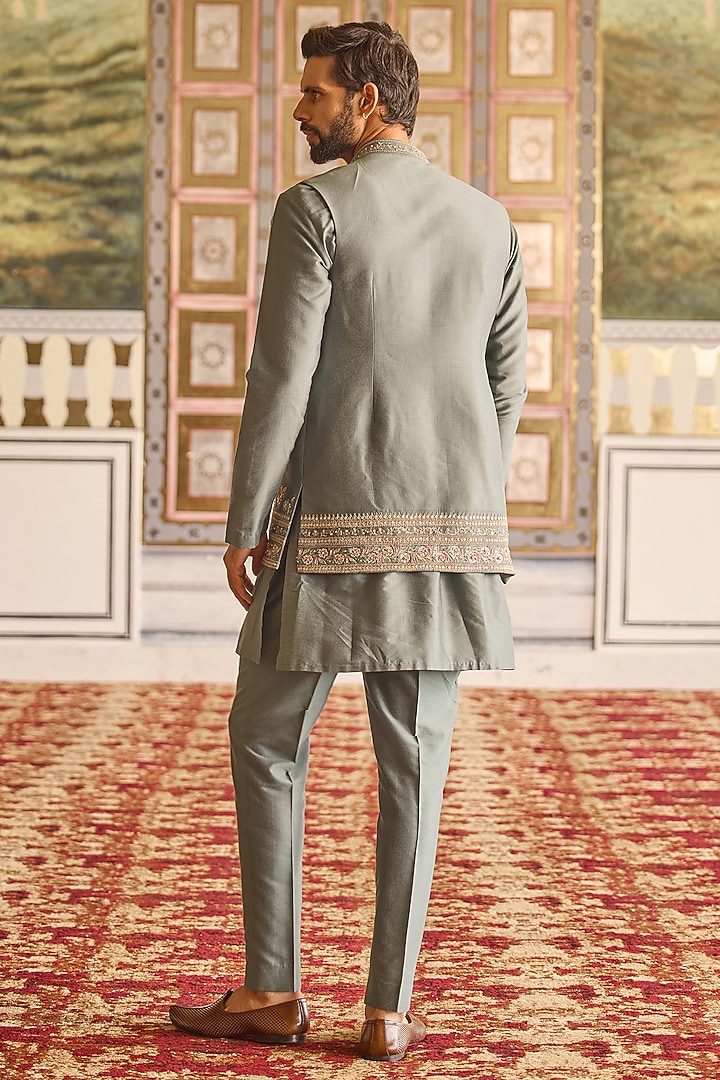 Sage Green Tussar Silk Embroidered Bundi Jacket Set by Ridhi Mehra Men at Pernia's Pop Up Shop