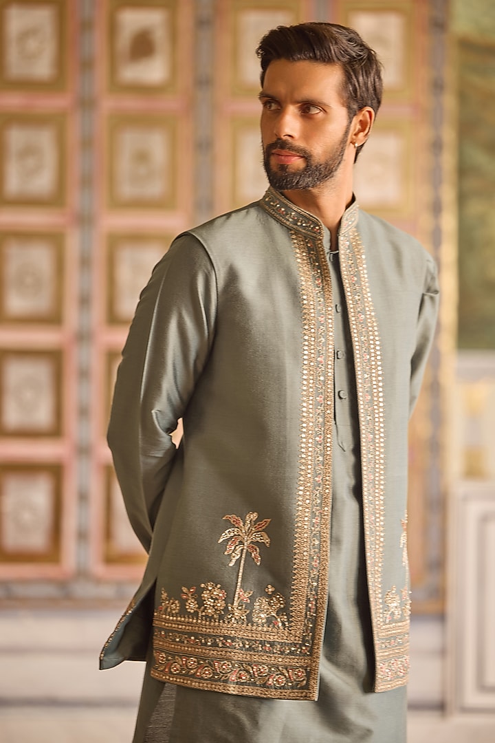 Sage Green Tussar Silk Embroidered Bundi Jacket Set by Ridhi Mehra Men at Pernia's Pop Up Shop