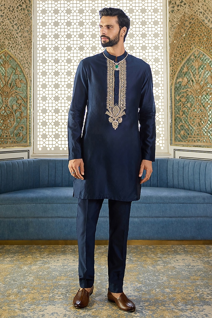 Navy Blue Chanderi Embroidered Kurta Set by Ridhi Mehra Men at Pernia's Pop Up Shop