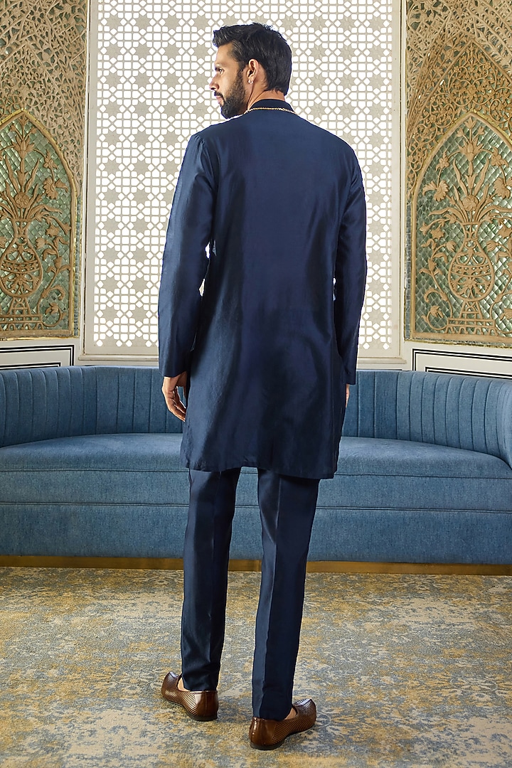 Navy Blue Chanderi Embroidered Kurta Set by Ridhi Mehra Men at Pernia's Pop Up Shop