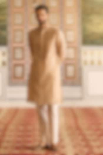 Gunmetal Gold Tissue Embroidered Kurta Set by Ridhi Mehra Men at Pernia's Pop Up Shop
