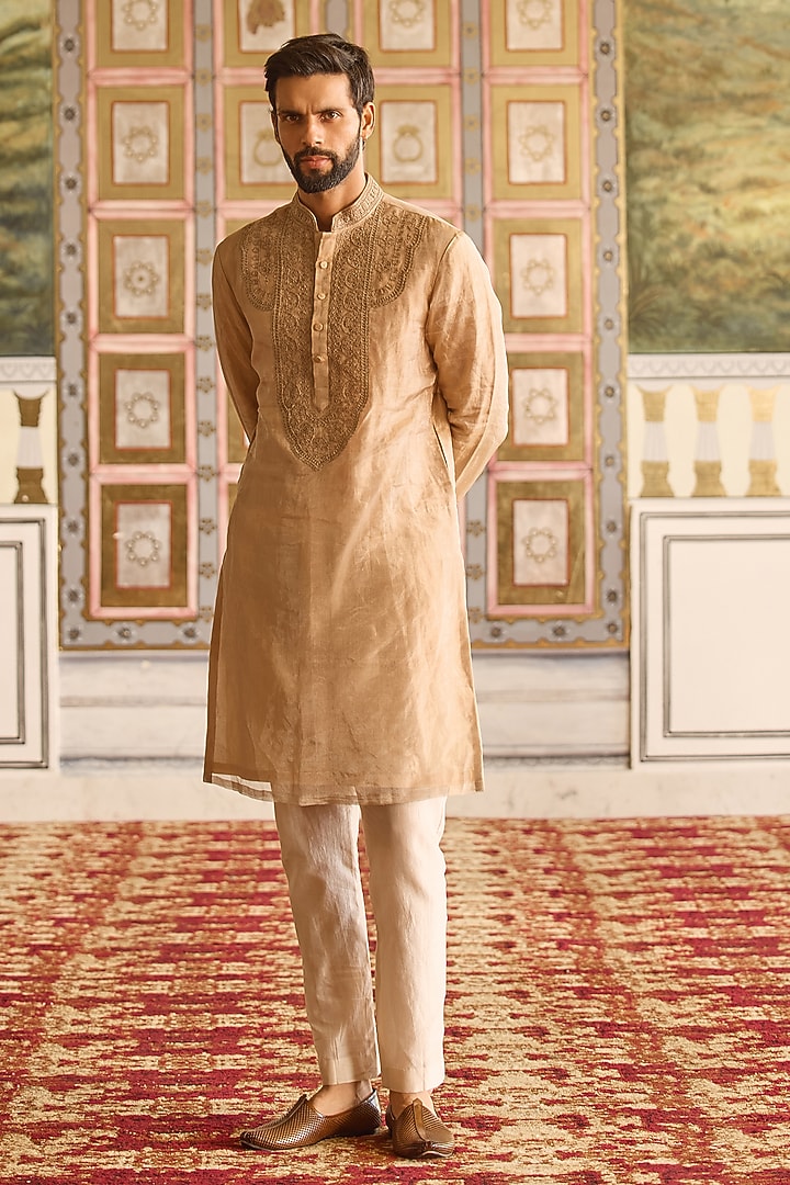 Gunmetal Gold Tissue Embroidered Kurta Set by Ridhi Mehra Men at Pernia's Pop Up Shop