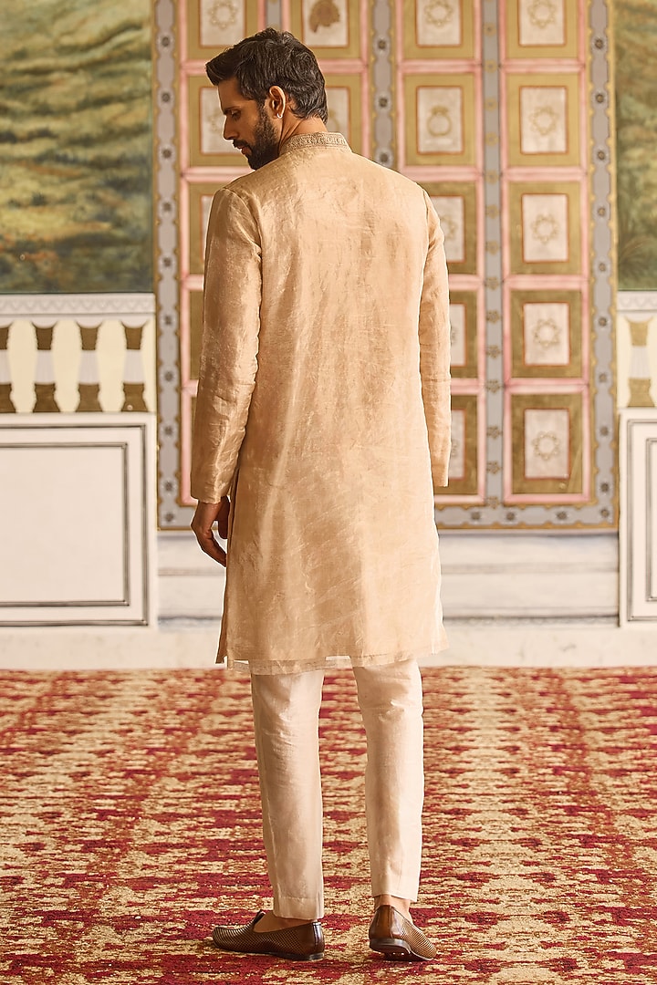 Gunmetal Gold Tissue Embroidered Kurta Set by Ridhi Mehra Men at Pernia's Pop Up Shop