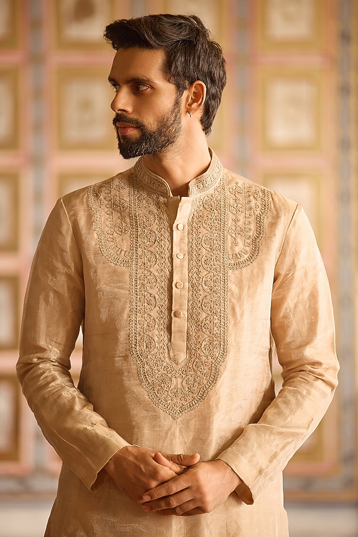 Gunmetal Gold Tissue Embroidered Kurta Set by Ridhi Mehra Men at Pernia's Pop Up Shop
