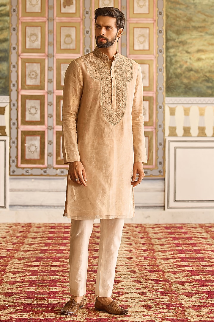 Gunmetal Gold Tissue Embroidered Kurta Set by Ridhi Mehra Men at Pernia's Pop Up Shop