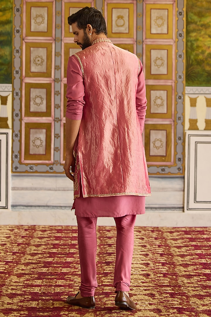 Fuchsia & Gold Tissue Embroidered Bundi Jacket Set by Ridhi Mehra Men at Pernia's Pop Up Shop
