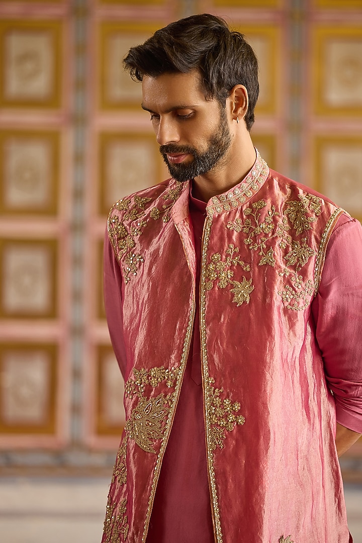 Fuchsia & Gold Tissue Embroidered Bundi Jacket Set by Ridhi Mehra Men at Pernia's Pop Up Shop