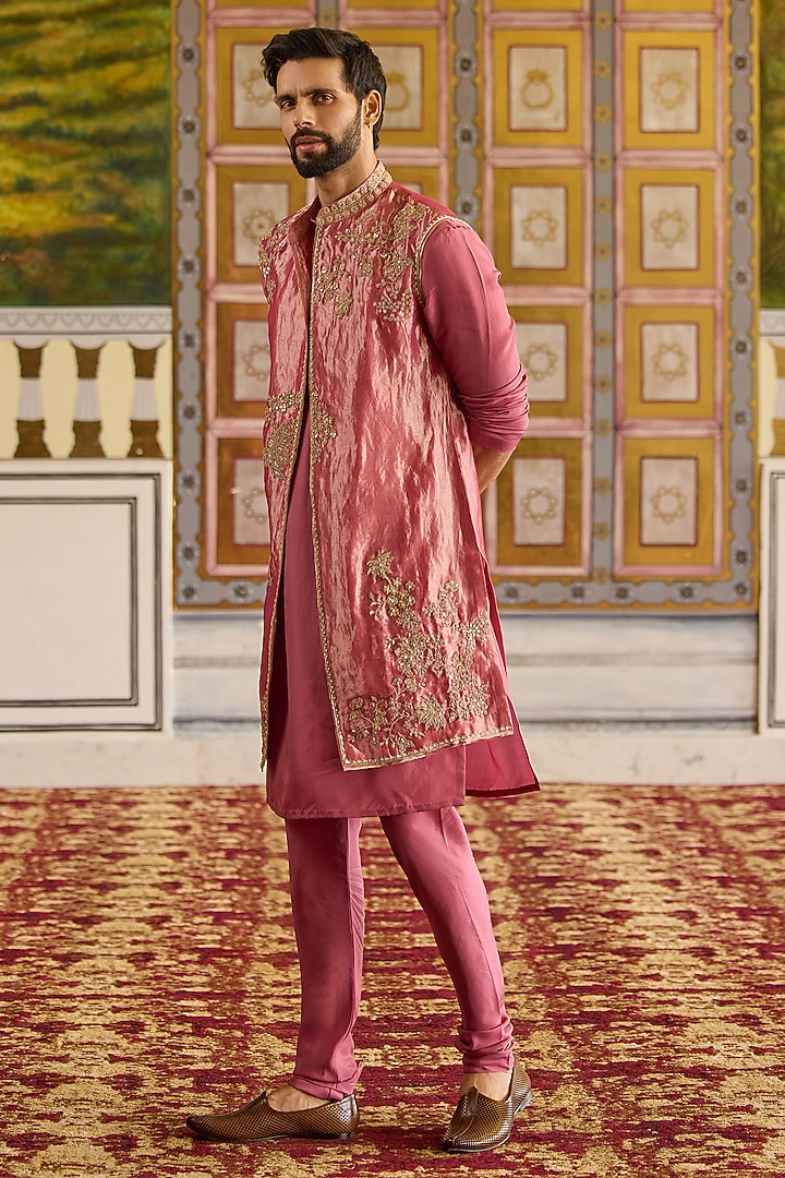 Fuchsia & Gold Tissue Embroidered Bundi Jacket Set by Ridhi Mehra Men at Pernia's Pop Up Shop