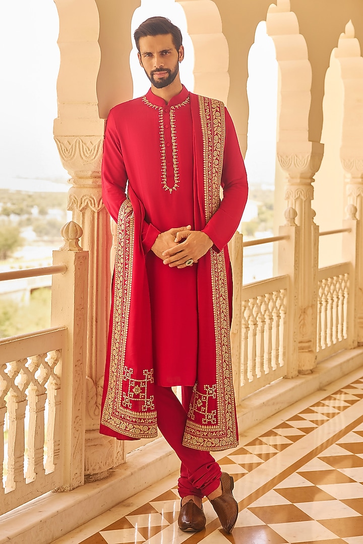Red Tussar Silk Embroidered Kurta Set by Ridhi Mehra Men at Pernia's Pop Up Shop