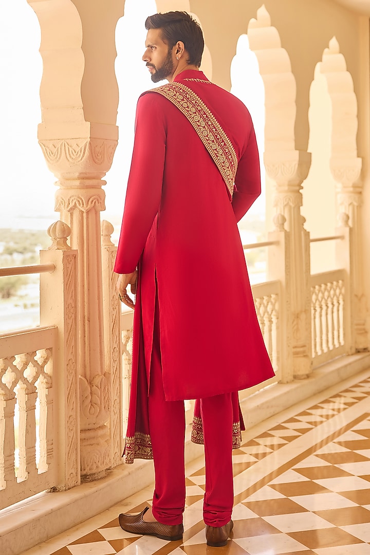 Red Tussar Silk Embroidered Kurta Set by Ridhi Mehra Men at Pernia's Pop Up Shop